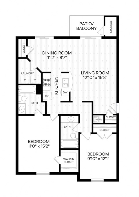 Floor plan for 2 beds, 2 baths, 1100 sqft